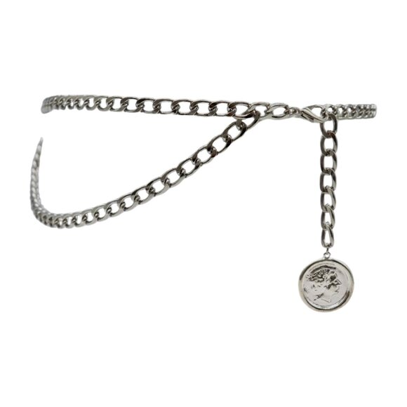 Women Silver Metal Chain Link Belt Hip High Waist Medallion Coin Charm M L XL main image 8